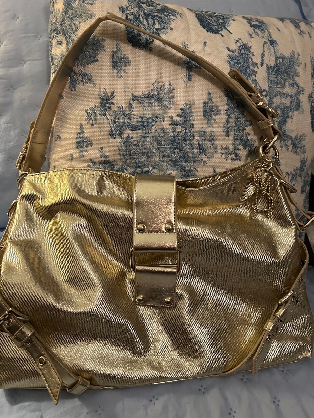 Steve Madden Metallic Gold Shoulder Bag with Buckle Accent